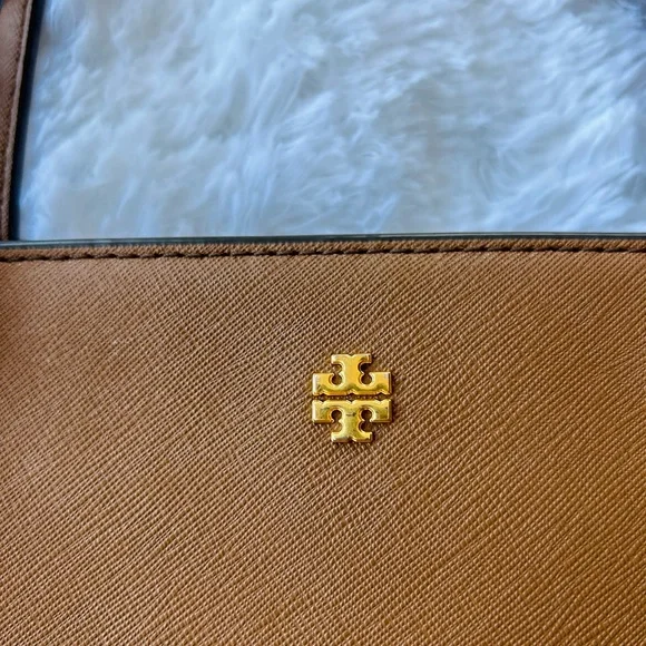 Tory Burch Brown Tote Bag with Metallic Accents Emerson small tote moose